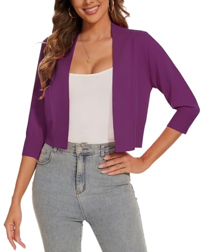 Image of Women 3 /4 Sleeve Cropped Cardigan Lightweight Casual Open Front Bolero Shrug Sweaters