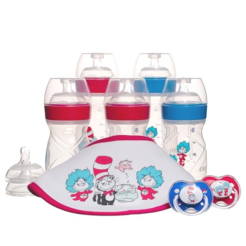 Image of Playtex Baby Dr. Seuss Newborn Gift Set with 5 Nurser Bottles (3X 4Oz, 2X 8Oz), 2 Binky Pacifiers, 60 Drop-Ins Liners & Bib, Bottles for Newborn and Breastfeeding Babies, Feeding Essentials