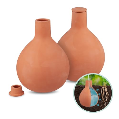 Relaxdays Ollas, 2er Set, 1,5 l, Ton, wurzelnahe Bewässerung, Hochbeet & Gewächshaus, weniger Wasserverlust, terrakotta