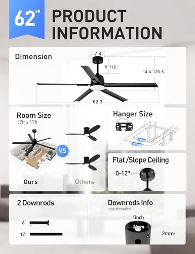 62 Inch Smart Outdoor Ceiling Fan with Light,5 Black Aluminum Blades - image 8