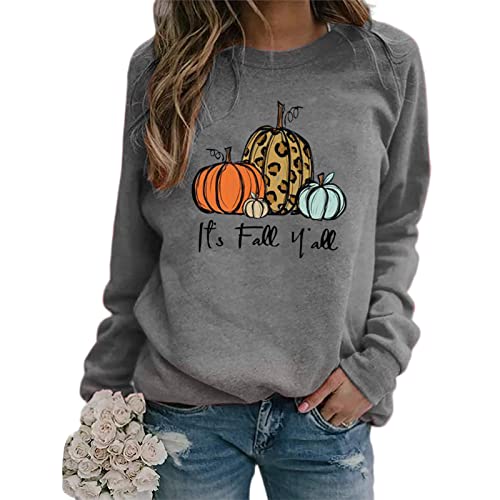 Jersey Bonito para Mujer, Sudadera con Estampado de Calabaza de Halloween, Blusa de Manga Larga con Cuello Redondo, Camiseta Holgada Informal de Otoño(S-Gris) Cover