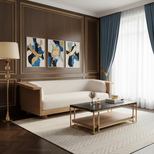 Image of 3 Seater Wooden Sofa for Living Room | Premium Boucle Upholstery | Solid Wood Frame | Modern Contemporary Designer Seating for Home, Hall & Lounge