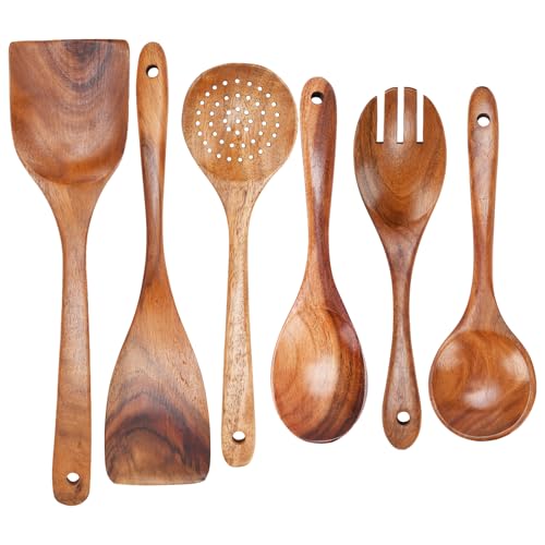 6 Stück hölzerne Löffel Sets Kochen hitzebeständig natürliche Teakholz Kochutensilien Set Komfortable Grip Anti-Stick Holz Kochutensilien