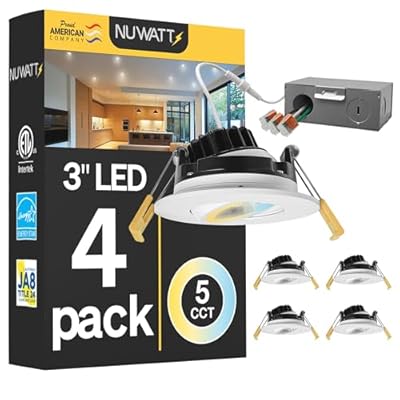 NUWATT White 3 Inch Adjustable LED Ceiling Lights, Gimbal Recessed Lighting, Dimmable Canless Downlight 5CCT 2700K/3000K/3500K/4000K/5000K Selectable, 8W 600 Lumens, IC Rated, Wet Rated, 120V, 4 Pack
