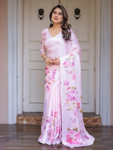 Image of ALMAARI FASHION Women's Floral Printed Georgette Satin Saree with Unstitched Blouse Piece | Traditional Ethnic Wear Sarees | Soft Lightweight Ethnic Office Wear Daily Wear Indian Sari (SG 181-190 SH)