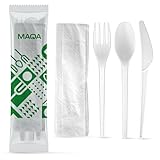 MAQA Juego de cubiertos biodegradables y compostables, tenedor, cuchara y cuchillo envueltos individualmente con servilleta, cubiertos tris 100