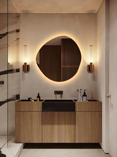 Asymmetrical Led Mirror, Modern Hanging Backlit Mirror, Aesthetic Irregular Round Bathroom Wall Mirror with Ligths, Led Lighted Frameless Mirror (Warm Light, 70x70 cm | 27.5"x27.5")