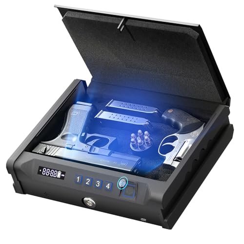 Biometric Quick Access Gun Safe for 2 9mm Pistols,3-Ways Unlock Fingerprint Digital PIN Key,Portable Handgun Safe with LCD Screen,Lock Box for Home Bedroom Bedside Nightstand and Car,JuJuSafeWin