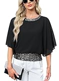 For G and PL Women Dressy Sparkle Formal Party Top Cruise Double Layered Glitzy Blouse Black L