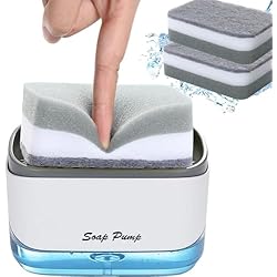 Dispensador De Jabón Líquido Para Lavaplatos Dispensador Jabon + 2 estropajos. Jabonera Cocina - Soporte Dosificador de Fregadero (Blanco)