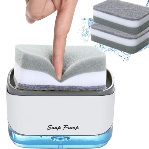Dispensador Jabon + 2 estropajos. Jabonera Cocina - Soporte Dosificador de Fregadero (Blanco)