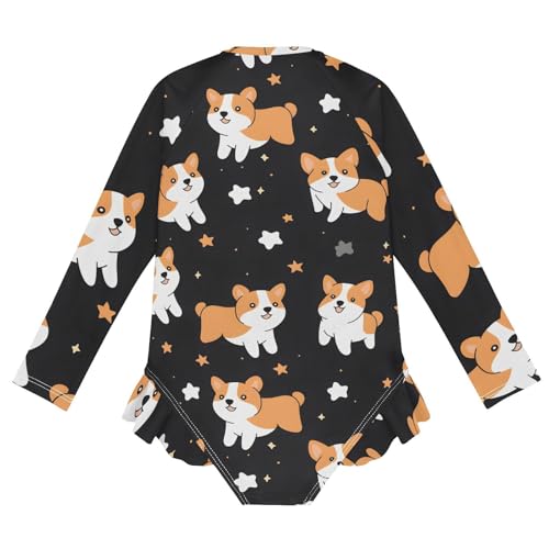 Girls One Piece Swimsuits Long Sleeve Swimsuit Zipper Bathing Suits Corgis Dog Star Black2