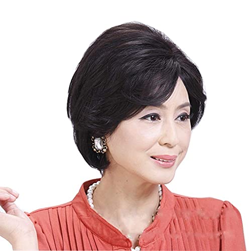 かつら 女性用 中高年 フルウィッグ 人毛100% ハハかつら ショート カール 母のウィッグ 医療用ウイッグ レディース おしゃれ パーマ ふんわり 通気性 feibin hair(ブラック)