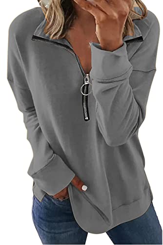 NEYOUQE Damen-Sweatshirt mit V-Ausschnitt und halbem Reißverschluss, 1-grau, 48 Cover