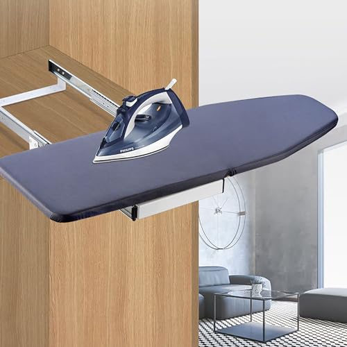 Wall-Mounted Ironing Board Cabinet, Compact Mount Fold Down Ironing Board, Space Saving Laundry Ironing Station,Garment Hooks, for Home, Apartmen, Dorms