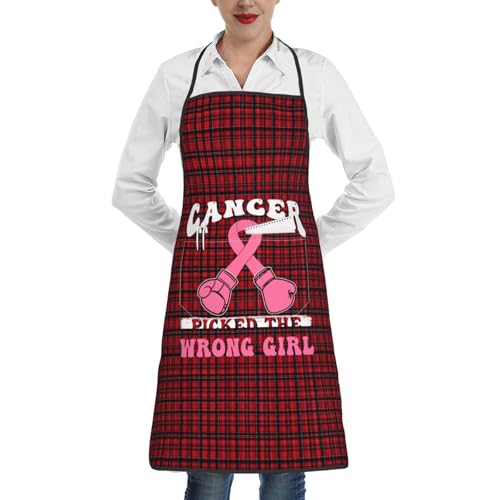 nopicsn Cancer Picked The Wrong Girl Breast Cancer Apron for cooking with Pockets Women Men Kitchen Chef Funny Aprons