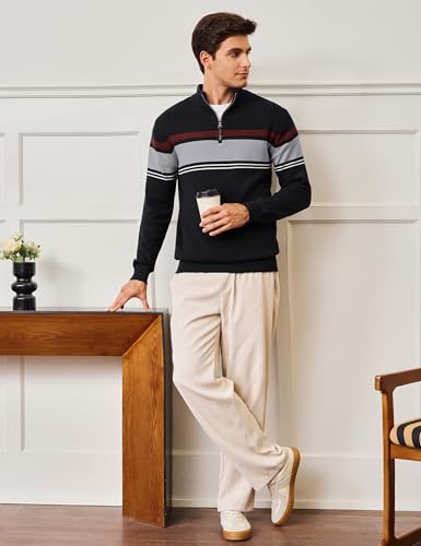 CRYSULLY Mens Sweater 1/4 Zip Cotton Polo Pullover Sweaters Casual Fall Winter Spring Striped Sweatshirts3