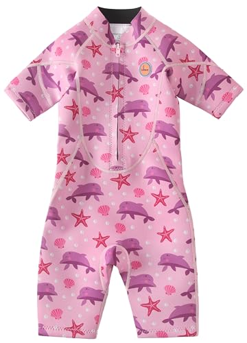 Swimbubs Traje de neopreno corto de 2 mm para niños, traje de baño con cremallera frontal para piscina y playa (3-4 años, delfín rosa)