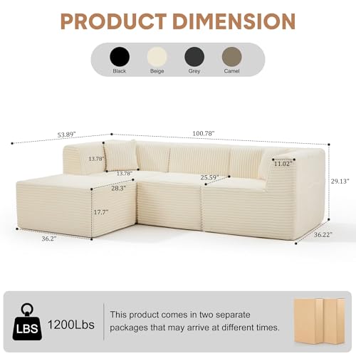 Korser 100" L-Shaped Boneless Couches with Chaise, Modular Sectional Sofa with Deep Seat, Cloud Sectional Couch for Living Room Bedroom, No Assembly Required, Side Pockets, Memory Foam, Beige - image 2