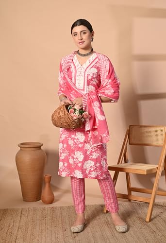 Image of Women's Cotton Stitched Straight Salwar Suit Set | Printed Cotton Dupatta, Embroidered Round Neck Ethnic Kurta, with Pant