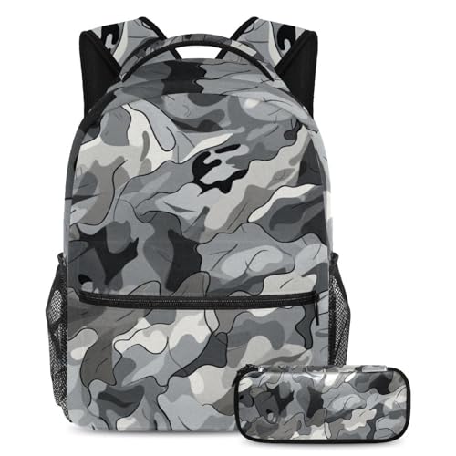 Sac à dos camouflage gris avec trousse assortie pour l'école