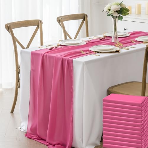 12 Pack Chiffon Table Runner 14x108 Inch Long 9ft Sheer Table Runners for Party Romantic Wedding Bridal Shower Fall Decorations-Fuchsia