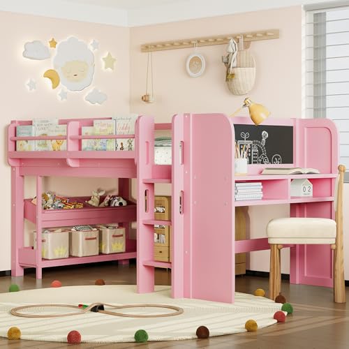 Image of Twin Loft Bed with Multi-Storage Bookcases, Boxes and Drawers, Solid Wood Low Loft Beds with Desk and Blackboard, No Box Spring Needed (Pink-01)