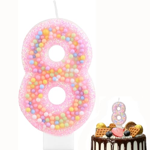 Bessy shop Velas de Cumpleaños,Vela Número 8 Rosa Macarrón con Glitter 3D para Tartas,Velas 3D para Cumpleaños,Decoración de Cumpleaños Infantil,Fiestas de Niñas