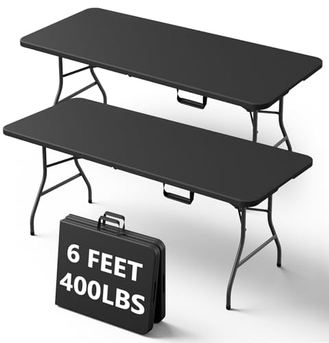 MAKE CHANGES 6FT Folding Table Heavy Duty Plastic Fold-in-Half Utility Table with Handle Portable Camping Picnic Table with Steel Legs for Indoor Outdoor Party Dining Black 2 Pack