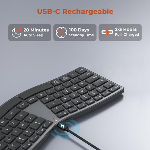 Image of MEETION Wireless Ergonomic Keyboard, Split S-Curve, Bluetooth & 2.4G, Black | Rechargeable full-size keyboard with slim low-profile keys, Bluetooth and 2.4G wireless for Windows, Mac, PC and laptop