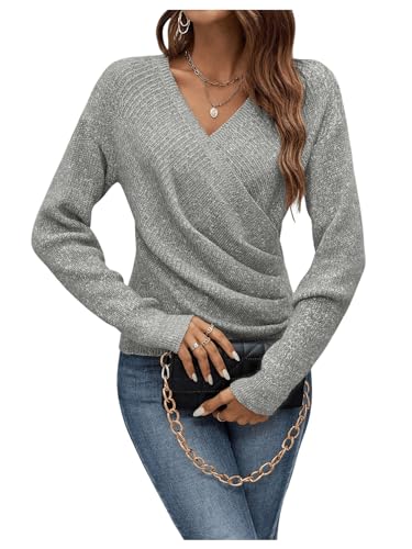 Image of SOLY HUX Women's V Neck Long Sleeve Off Shoulder Sweaters Criss Cross Wrap Ruched Pullover Fall Tops