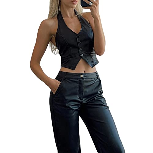 Piacakece Women Dressy Sleeveless Vest Tops V Neck Button Front Cropped Waistcoat Formal Blazer Vest Gilet Top Outwear (US, Alpha, Medium, Regular, Regular, 10-Black)