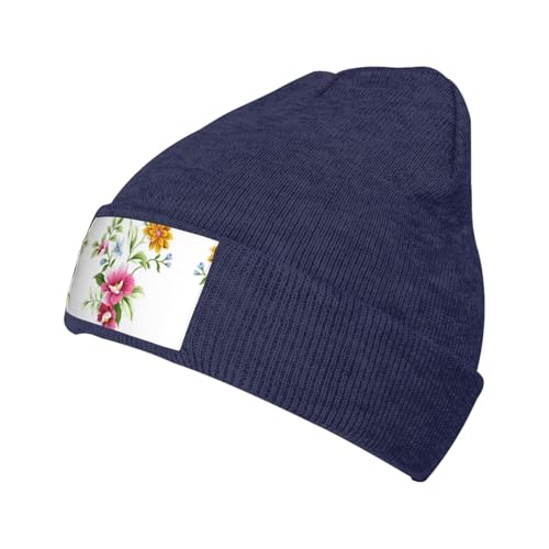 Migpkd Gorro unisex pintado a mano con flores para hombres y mujeres, gorros de punto de invierno, gorros cálidos con puños a la moda, azul marino, Talla única