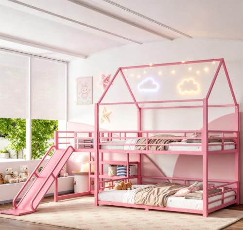 Image of Bellemave Metal Bunk beds Full Over Full with Slide and Storage Stairs, House Floor bunk Bed with guardrail for Kids,Pink