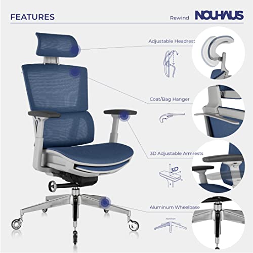 Image of Nouhaus Rewind Ergonomic Office Chair with Footrest and Lumbar Support. Swivel Computer Chair, Rolling Home Office Desk Chairs with Wheels, Mesh High Back Task Chair, Comfortable Office Chair (Navy)