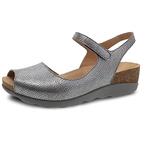 Dansko Marcy Slip-On Wedge Sandal for Women - Comfortable Wedge Shoes with Arch Support -Adjustable Hook & Loop Strap - Lightweight Rubber Outsole Pewter Metallic Sandals 8.5-9 M US Cover