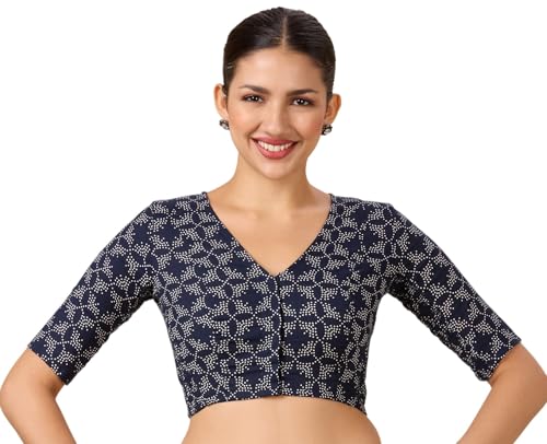 Image of Studio Shringaar Women Cotton Half Sleeve Printed Stretchable(Smocked)Readymade Saree Blouse