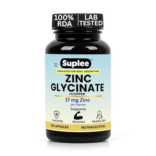 Image of Suplee Zinc Glycinate with Copper Supplement | 17mg Zinc & 1.7mg Copper | High Absorption Chelated Formula for Immunity, Skin & Muscle Health | 90 Veg Capsules (Lab Tested)