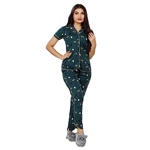 Image of Foxy Night Dresses for Women Cotton Night Wear Loungewear Printed Button-Closure Collar Shirt and Pyjama Set Comfortable Sleepwear Two Piece Night Suit Casual Wear