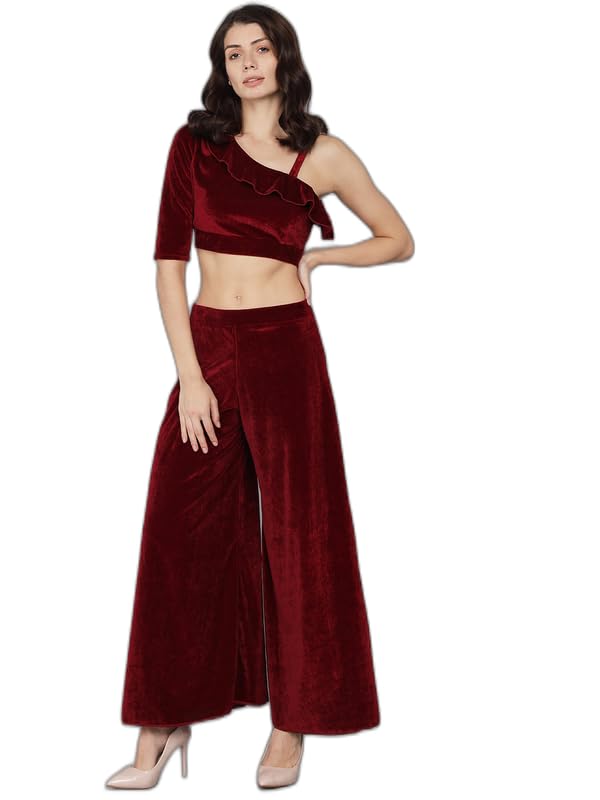Image of Vaararo Velvet Co-Ords for Women | One Sleeve Crop Top with Palazzo Set Casual Party Dress