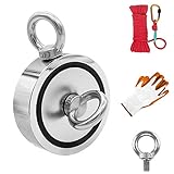 Fishing Magnet Double Sided, 3.7' Diameter, 1322lbs Pulling Force Strong Round Neodymium Rare Earth Magnet with Eyebolt, Heavy Duty Rope & Non-Slip Gloves for Magnetic Fishing, River, Salvage
