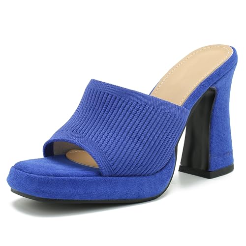 Peijely Women's Knit Platform Heels Square Toe High Chunky Heeled Mule Dress Party Sandals Royal Blue 44 - US 11