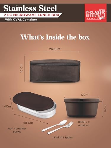 Image of CLASSIC ESSENTIALS Stainless Steel Microwave Safe Lunch Box Set with Cutlery for School, 1 Oval and 3 Containers (1300 ml, Thermoware)