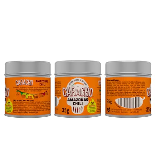 CARACHO Paquete de 3 copos de chile amazónico, 35 g, 100 % picante de chile en lata de metal para especias/Scoville: 50.000 – 70.000 / especialidad de chile