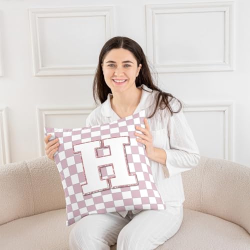 Image of Erosebridal Pink Initial H Throw Pillow Covers 24x24 Set of 2 Kawaii Plaid Checkered Pillow Covers Cute Personalized Monogram Cushion Cover Fashion Grids Gingham Pillow Cases for Couch Sofa