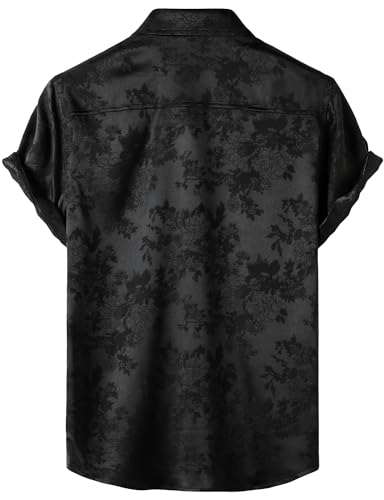 ZEROYAA Men's Shiny Luxury Silk Satin Floral Jacquard Short Sleeve Regular Fit Button Down Shirt for Party Prom2