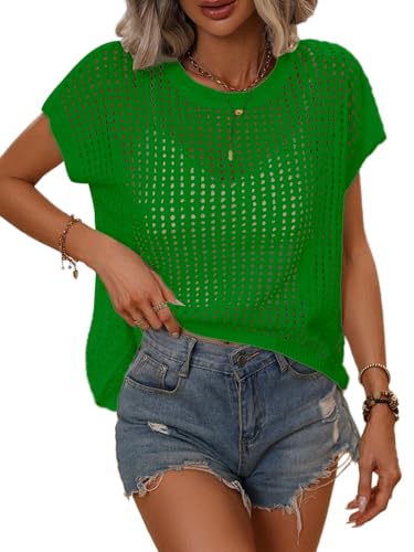 Image of Crochet Tops for Women Spring Summer Shirts Cute Mesh Top Cap Sleeve Cover Up Pullover Sweater Beach Vacation Clothes