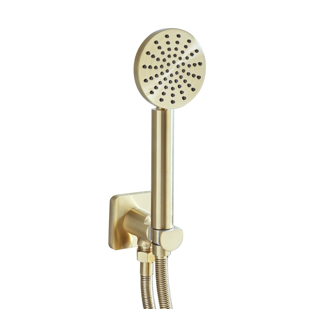 Milano Brushed Brass Lune Round Hand Shower Handset Wall Bracket Outlet Elbow