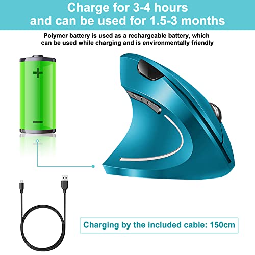 Image of Vassink Ergonomic Wireless Mouse, Rechargeable Mouse 2.4Hz Vertical Wireless Optical Mice with USB Receiver, 6 Buttons for PC,Laptop,etc Blue