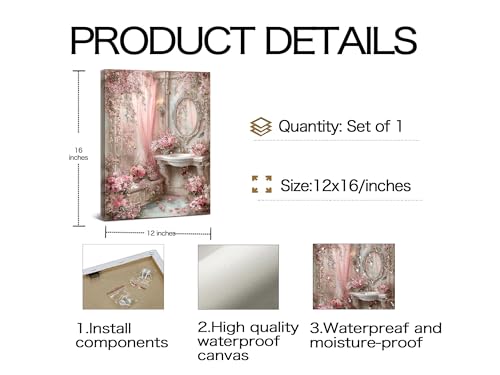Image of Frimeeme Vintage Pink Bathroom Canvas Wall Art, 12 x 16 In, Ready To Hang